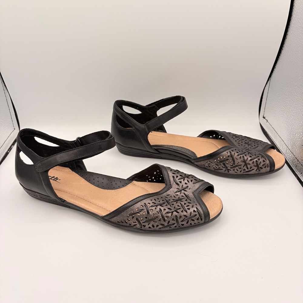 Earth Panger Sandals Women's Size 12 Boho Black Pewter Laser Cut Peep Toe Flats